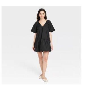 Women’s Mini Poplin Black V-Neck Dress